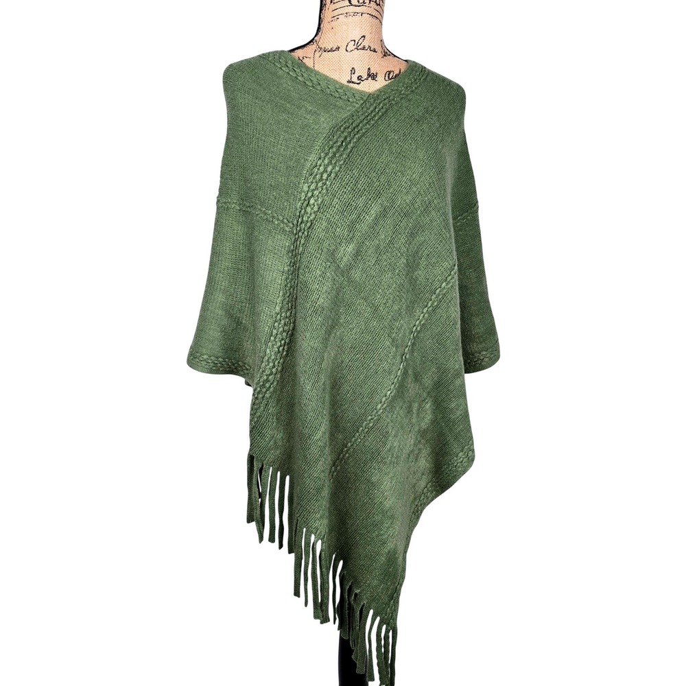 Styline Olive Green Cable Knit Asymmetrical Fringe Poncho Wrap MS0272OV NWT